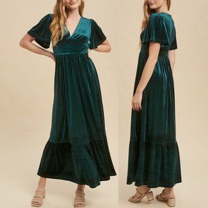 In Loom Emerald Green Velvet Flutter Sleeve Ruffle Cocktail Maxi Formal Dress 10